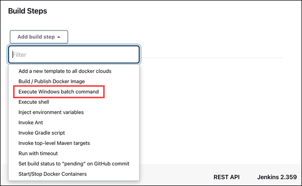 Select Execute Windows batch command from the Add build step drop-down menu