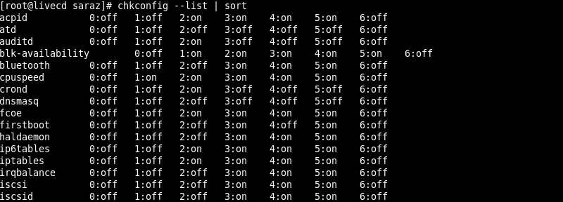 The chkconfig --list sort Command Terminal Output