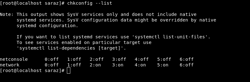 The chkconfig --list Command Terminal Output in RHEL 7