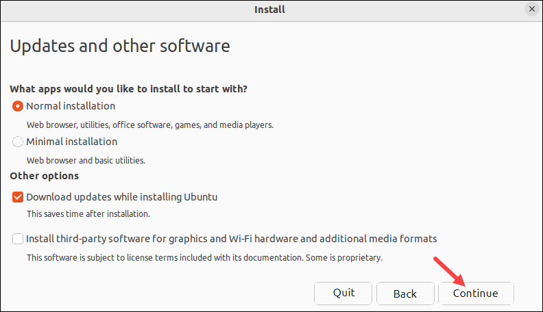 Choosing the Ubuntu installation type.