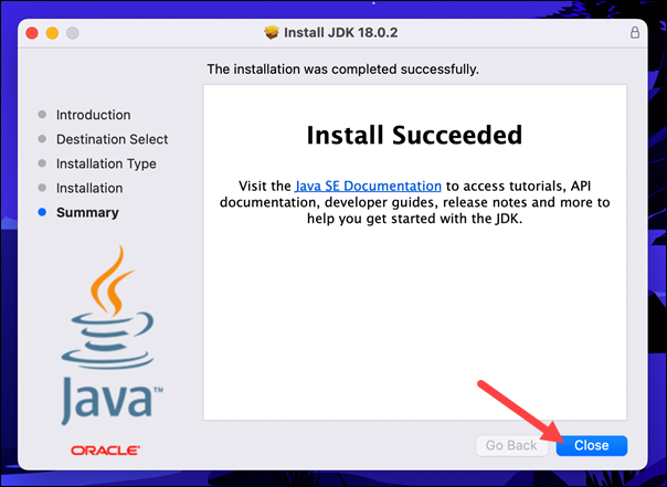 Finishing the JDK installation and closing the installer.