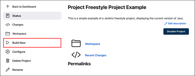 Use the Build Now link to build the a new project version