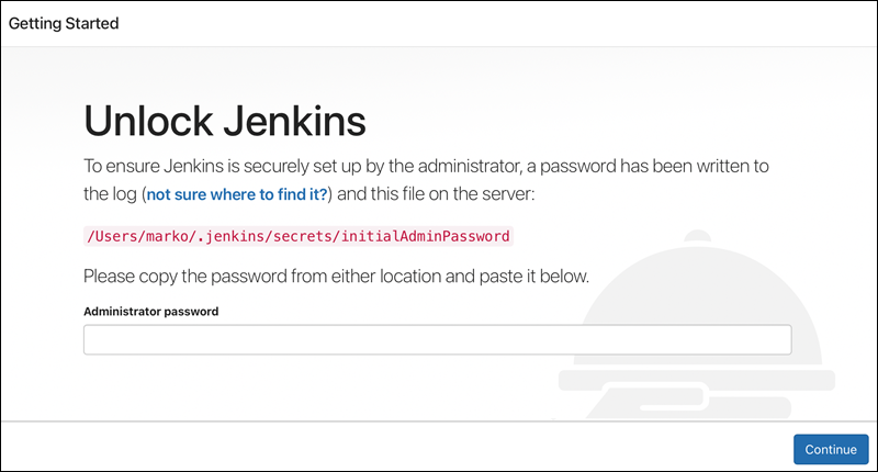 Jenkins server started, but requires the administrator password.