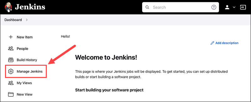 Click the Manage Jenkins link on the left-hand side of the Jenkins dashboard