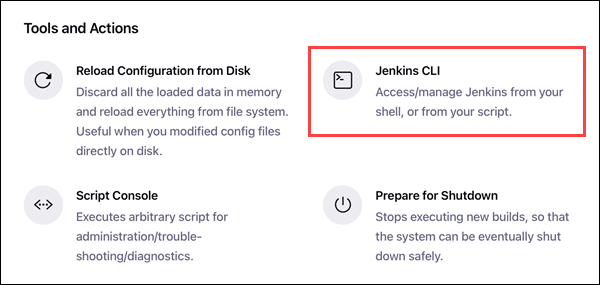 In the Manage Jenkins page, scroll down and click Jenkins CLI under the Tools and Actions section