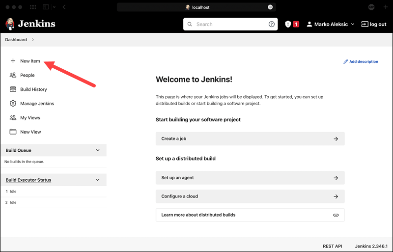 Jenkins dashboard homepage where you can start new jobs.