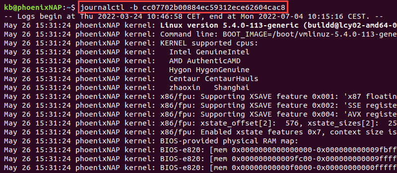 journalctl boot id terminal output