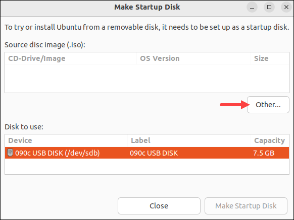 Loading the Ubuntu ISO image into the Startup Disk Creator.