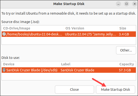 Writing the Ubuntu ISO image to USB.