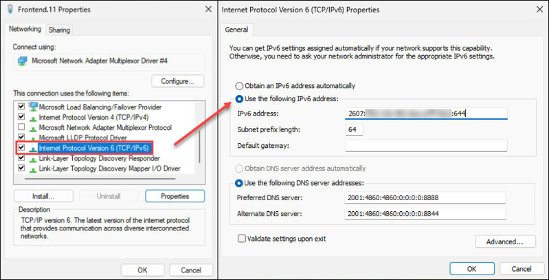 Internet Protocol Version 6 static IP settings. 