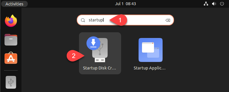 Opening the Startup Disk Creator tool in Ubuntu.