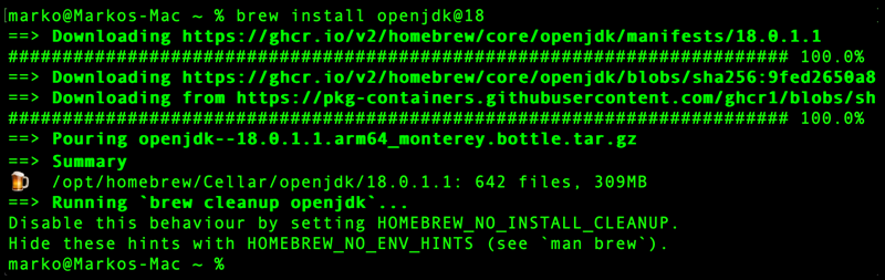 Installing OpenJDK with Homebrew.