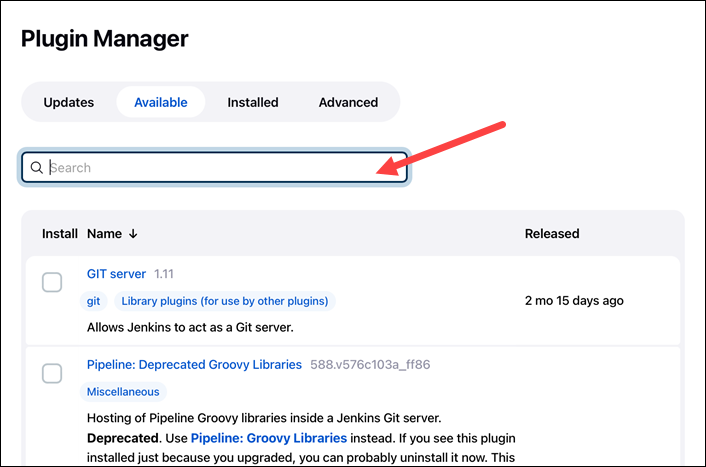 Manage Jenkins plugins available search