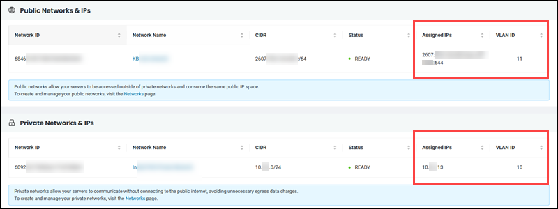 Server networks details public and private networks BMC