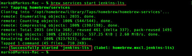 Starting the Jenkins server on Mac using homebrew.