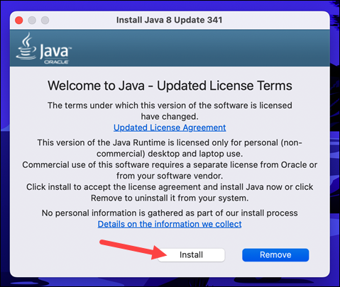 The introductory dialogue of the JRE installer and the location of the Install button.