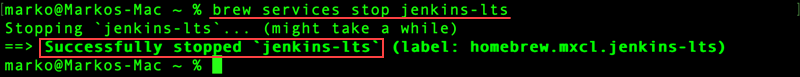 Stopping the Jenkins server using homebrew.