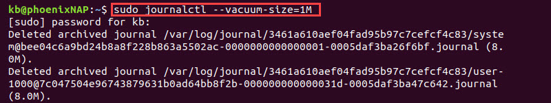 sudo journalctl --vacuum-size=1m terminal output