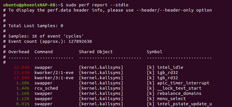 sudo perf report --stdio terminal output