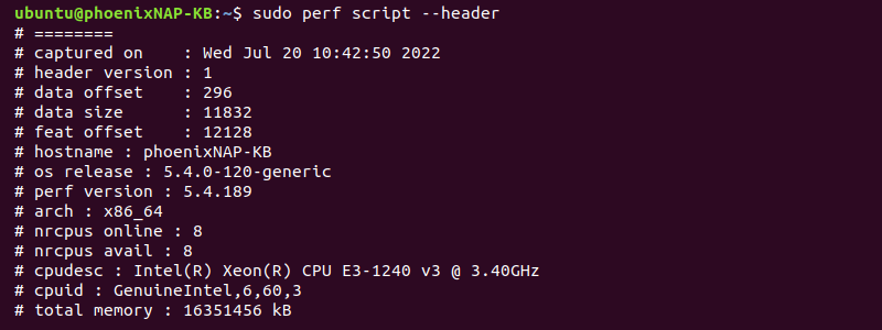 sudo perf script --header terminal output