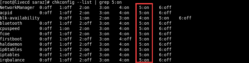 The chkconfig --list grep 5 on Command Terminal Output