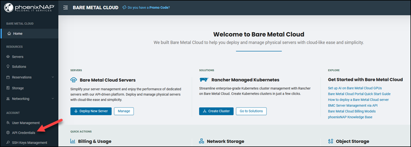 The location of the API credentials item in the main menu of the BMC portal.