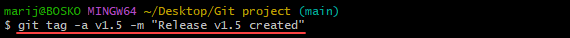 Creating an annotated Git tag with a message.