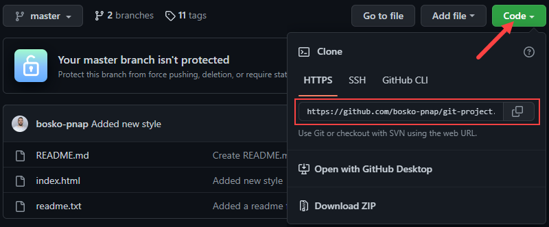 Obtain a repository's URL in GitHub.