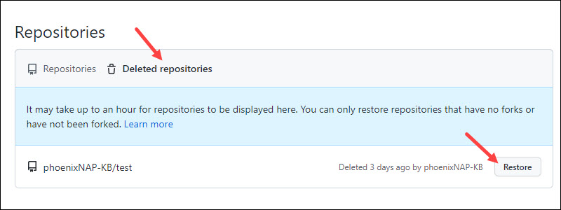 GitHub deleted repositories restore interface