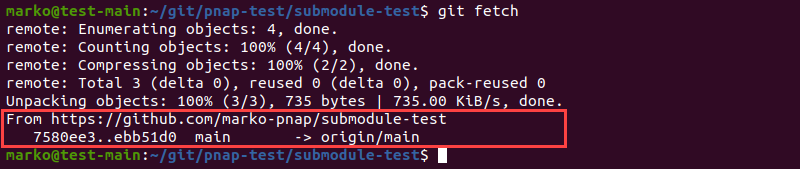Using git fetch to see the remote commits for a submodule.