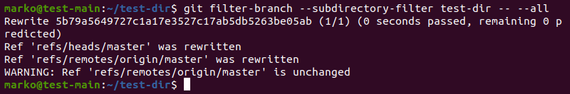 The git filter-branch command output.