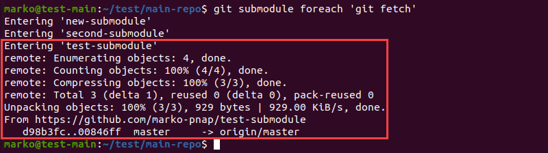 Performing the git fetch command on all submodules using the git submodule foreach command.