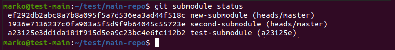 Checking the status of the submodules in Git.