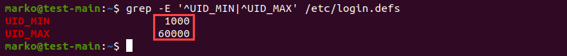 Using the grep command to check the smallest and largest UID a normal user can receive.