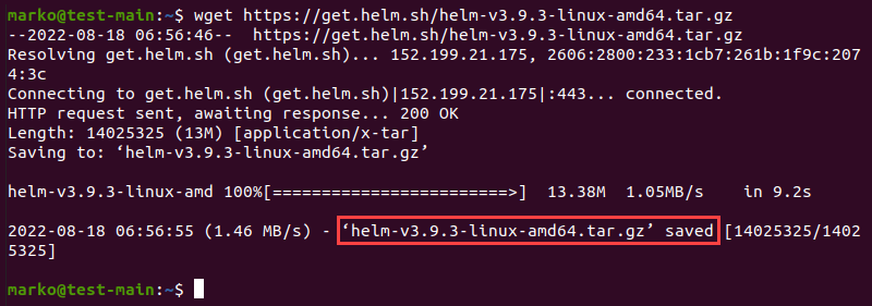 Downloading Helm with the wget command.