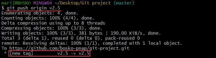 Pushing a Git tag to a remote repository.