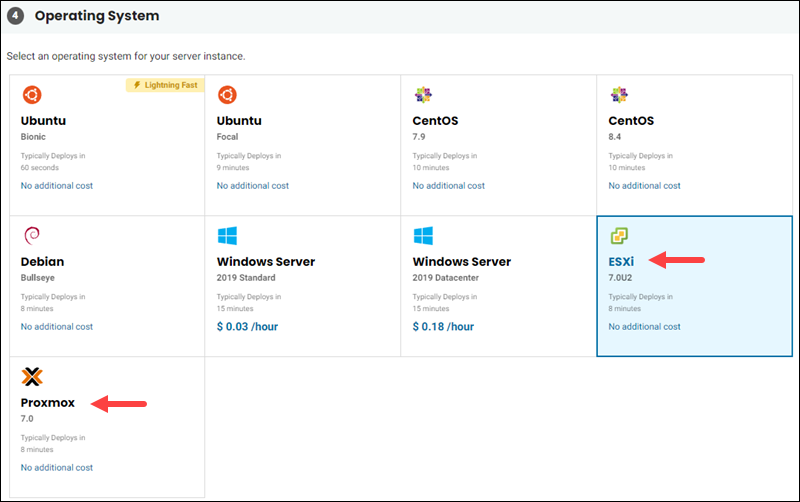 The phoenixNAP Bare Metal Cloud instances offer Proxmox and ESXi operating systems.