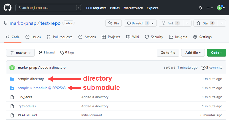 An example repository in GitHub, containing a directory and a submodule.