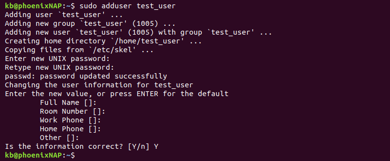 sudo adduser test_user terminal output