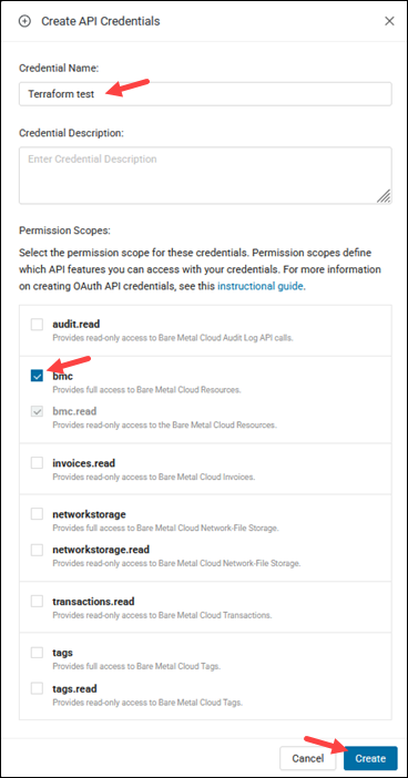 Create API credentials dialog in the BMC portal