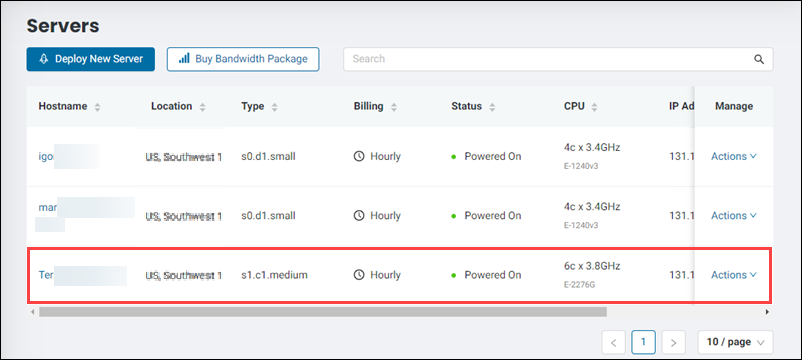 The server created with Terraform shows up in the Servers section of the BMC portal.