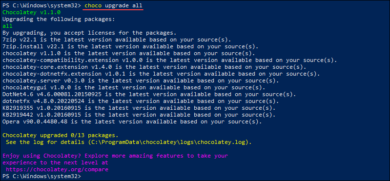 Upgrading all packages installed with Chocolatey.