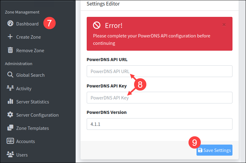 PowerDNS pdns API settings UI.