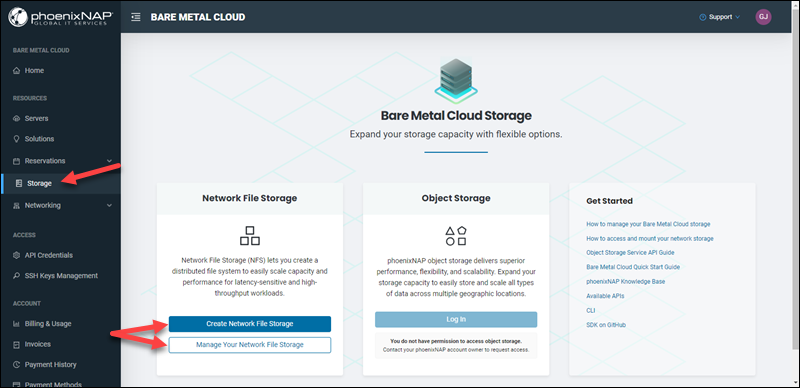 Bare Metal Cloud Storage page NFS Buttons