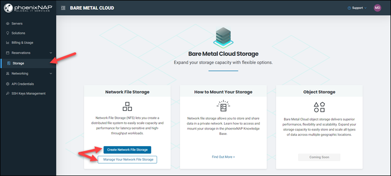 BMC Portal storage page create and manage buttons UI