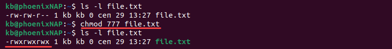 chmod 777 file.txt terminal output