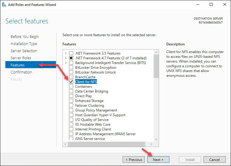 Client for NFS Windows feature install wizard