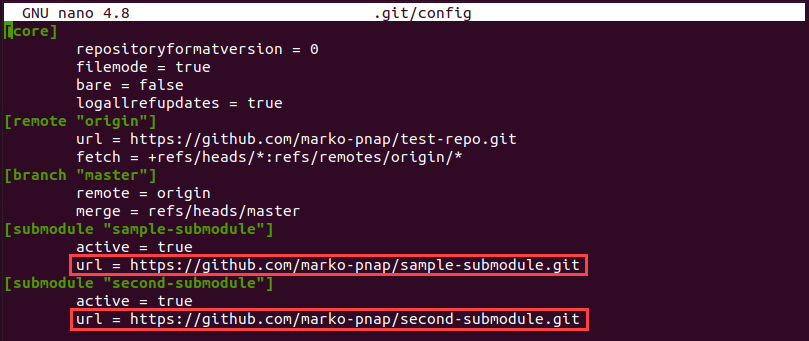 Editing submodule URLs in the .git/config file.