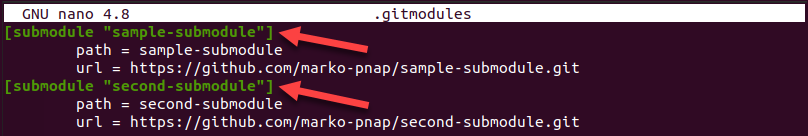 The .gitmodules file showing the registered submodules in the repository.