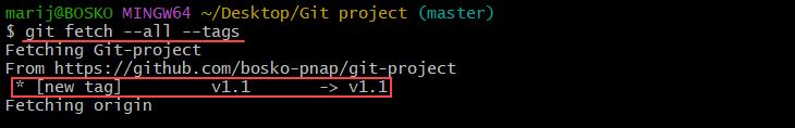 Fetching Git tags from a remote repository.
